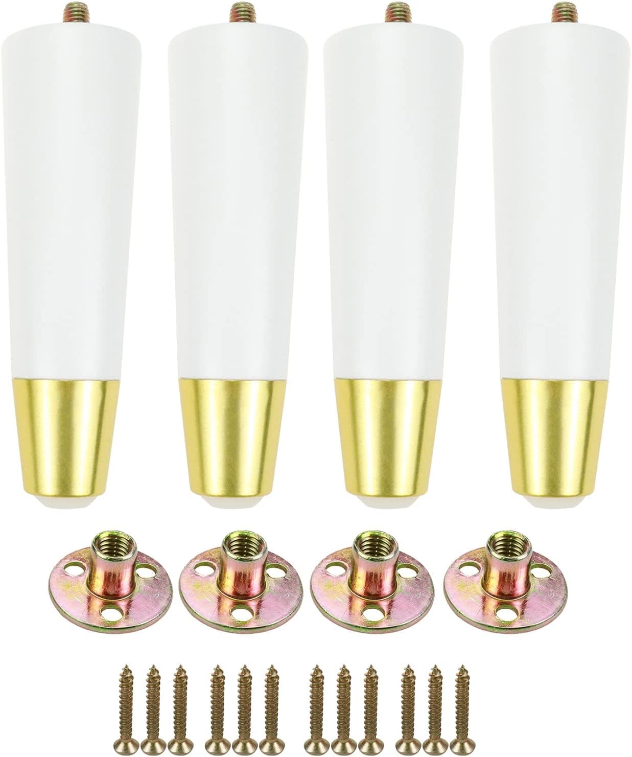 HONJIE Furniture Legs,6 inch Height Wood Round Tapered Gold Furniture Replacement feet Set of 4,White