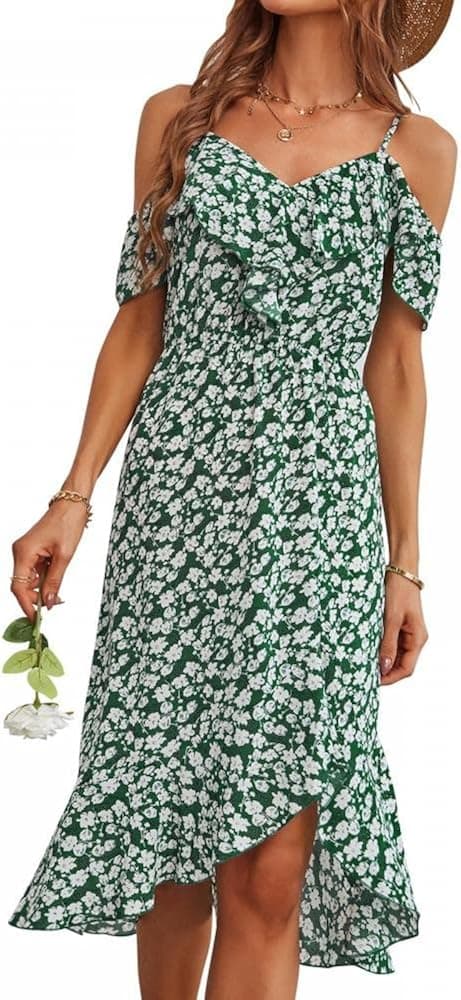 Gets Womens V Neck Dress Summer Boho Floral Print Casual Dress Spaghetti Strap Mini Dress with Button