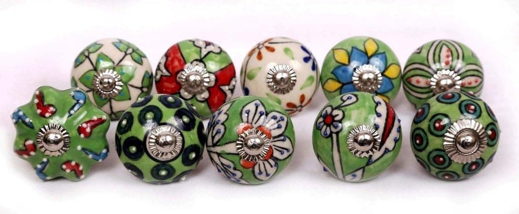 Glitknob 10 Knobs Green & White Hand Painted Ceramic Knobs Cabinet Drawer Pull