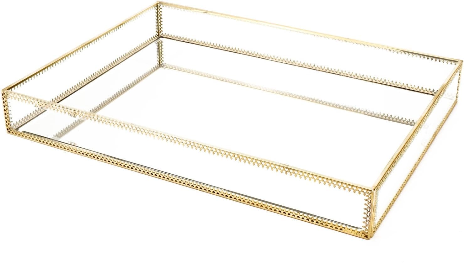 Hersoo Gold Glass Spacious Vanity Tray/Ornate Decorative Perfume/Elegant Mirrorred Tray for Skincare/Dresser/Vintage Organizer for Bathroom/Countertop 16" 12"