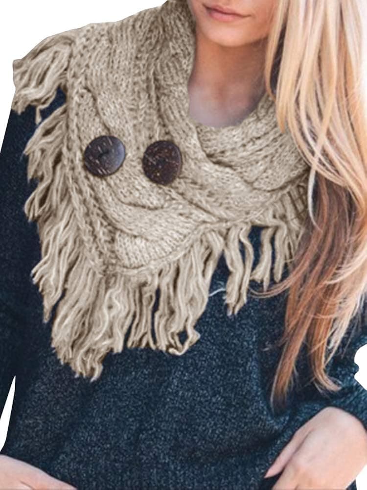 Womens Infinity Scarf Winter Fall Warm Cable Knit Fringe Scarves with Buttons