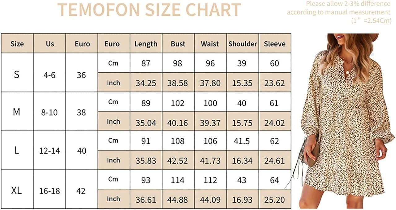 TEMOFON Women's Tunic Dress Leopard Floral Printed Long Sleeve Casual Loose V Neck Ruffle Swing Mini Dresses S-XL