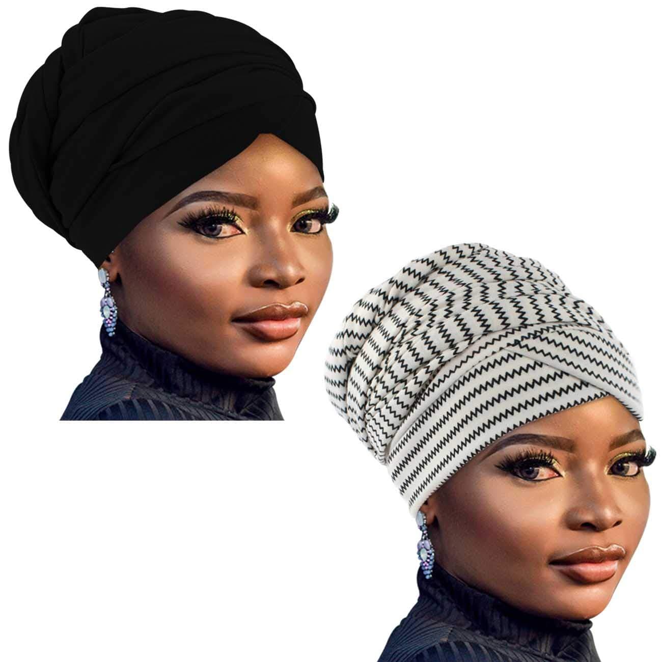 GABraden African Head Wraps Turban For Women Women' Soft Stretch Headband Long Head Wrap Scarf (2#Black+Black and white)