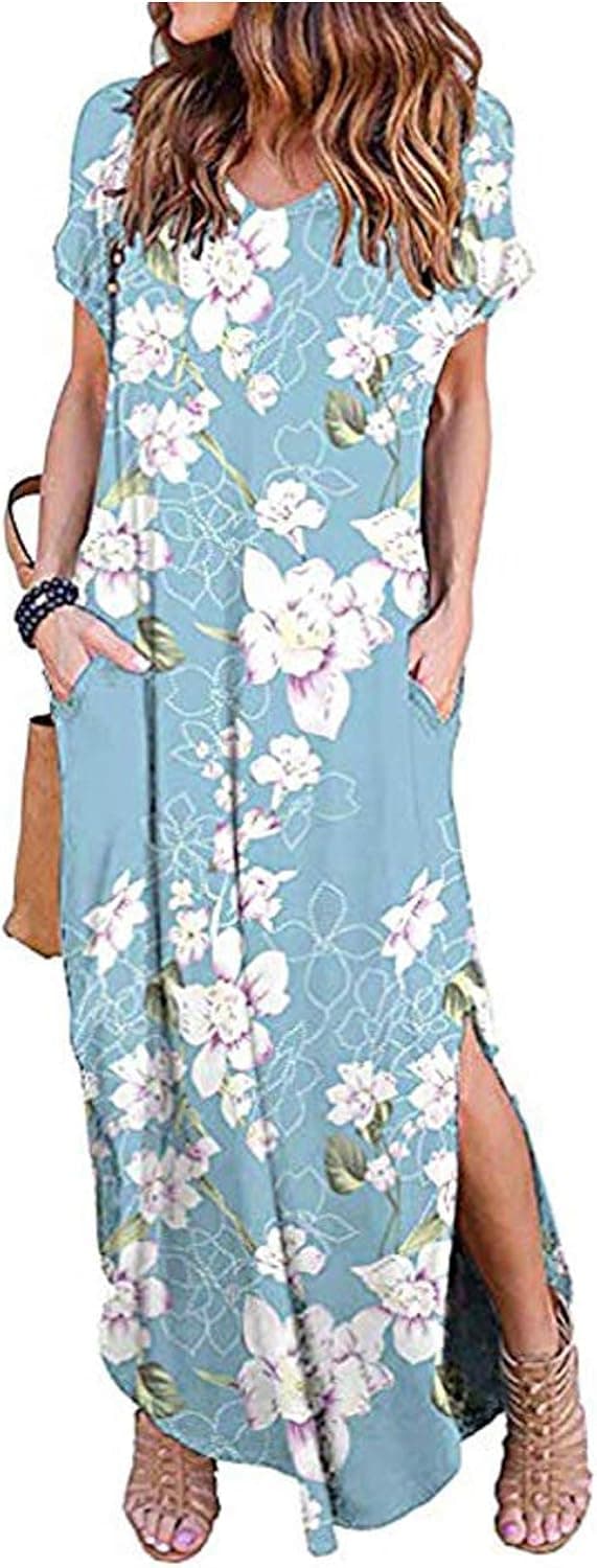 Kidsform Summer Maxi Dress for Women Casual Loose Pockets Long Dress Short Sleeve V Neck Split Beach Dress