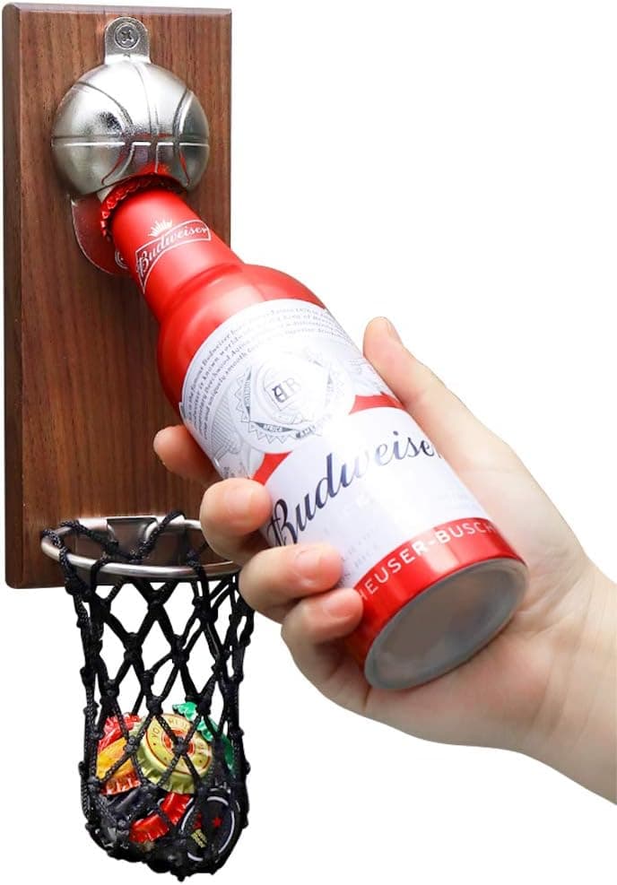 SKEMIX Basketball Beer Bottle Opener with Cap Collector Catcher, Wall Mounted Bottle Opener, Ideal Gifts for Men Basketball and Beer Lovers, Housewarming, Use as Bar Decoration