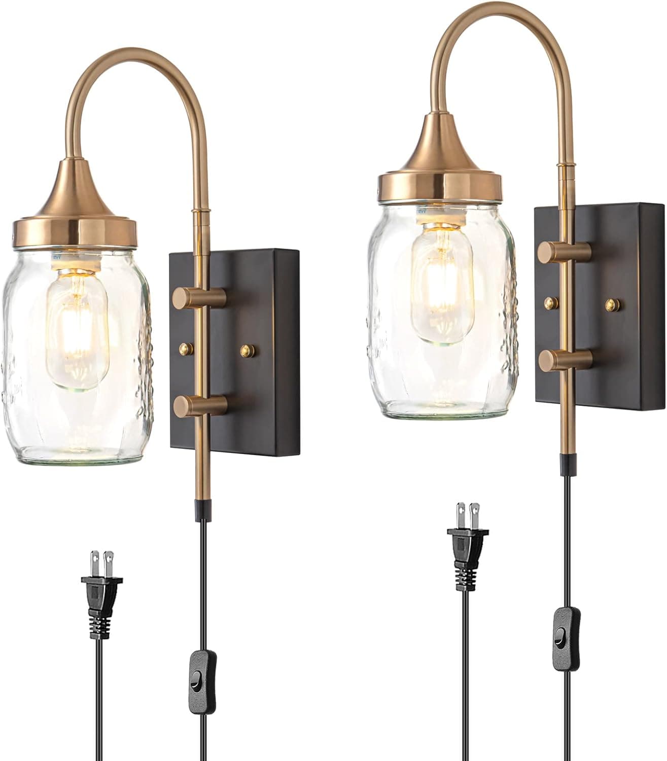 Plug in Wall Sconces Set of 2 Gold Wall Lamp, Modern Farmhouse Wall Light Fixtures with Plug in Cord and On/Off Switch Glass Mason Jar Wall Mounted Lamp for Bedroom Bedside Mirror Living Room Hallway