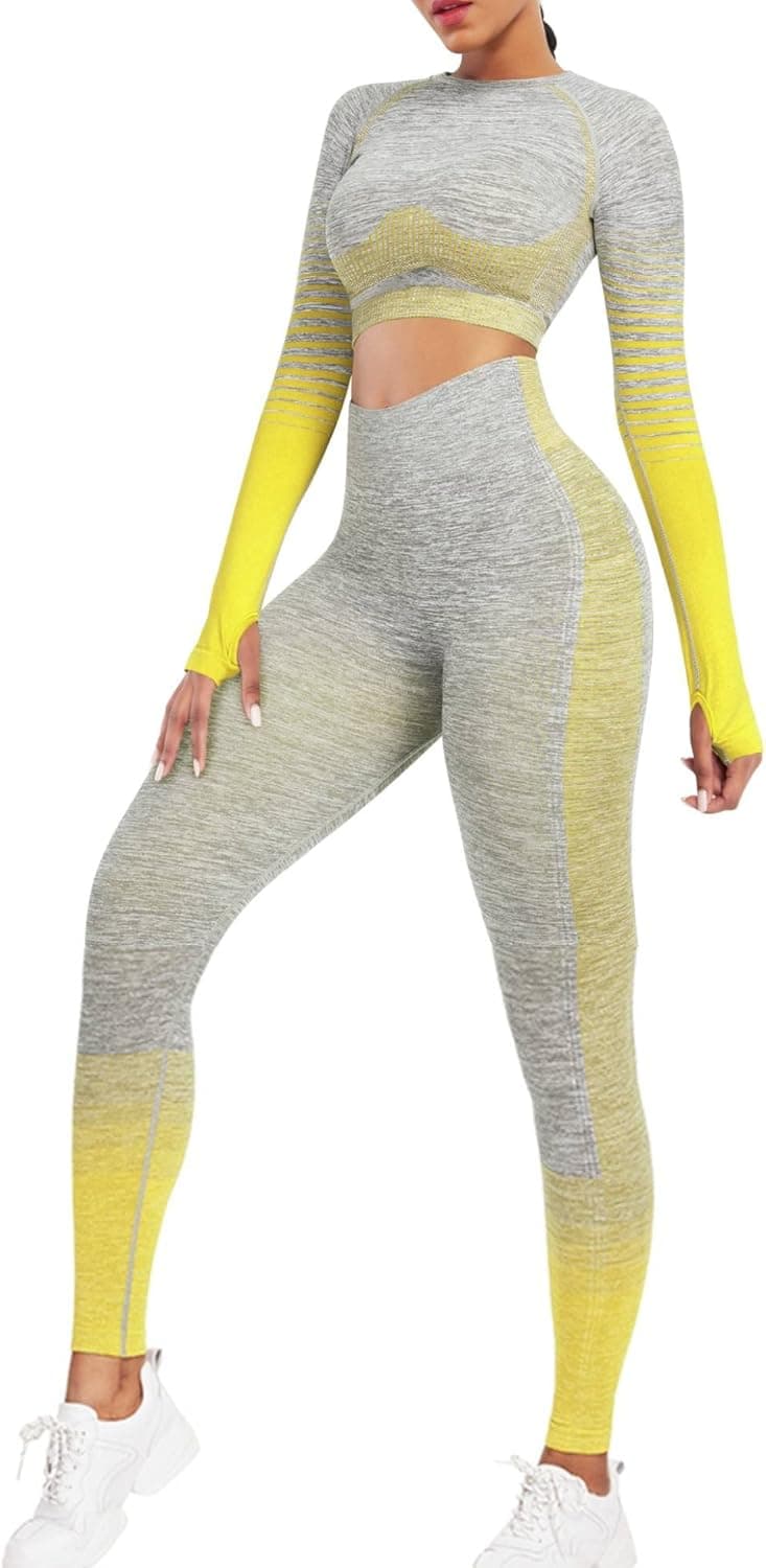 FeelinGirl Workout Sets for Women 2 Piece Workout Outfits High Waist Yoga Leggings Long Sleeve Crop Tops Activewear