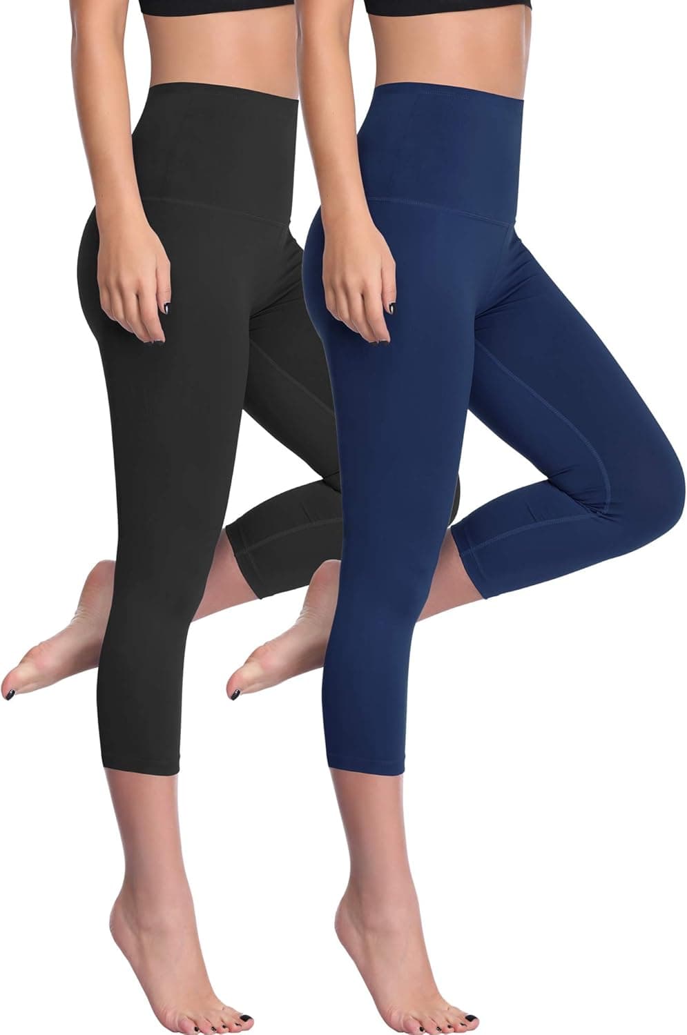 CADMUS High Waist Yoga Capri,Tummy Control,Workout Pants with Pockets for Womens,1002,Black & Navy Blue,X-Large