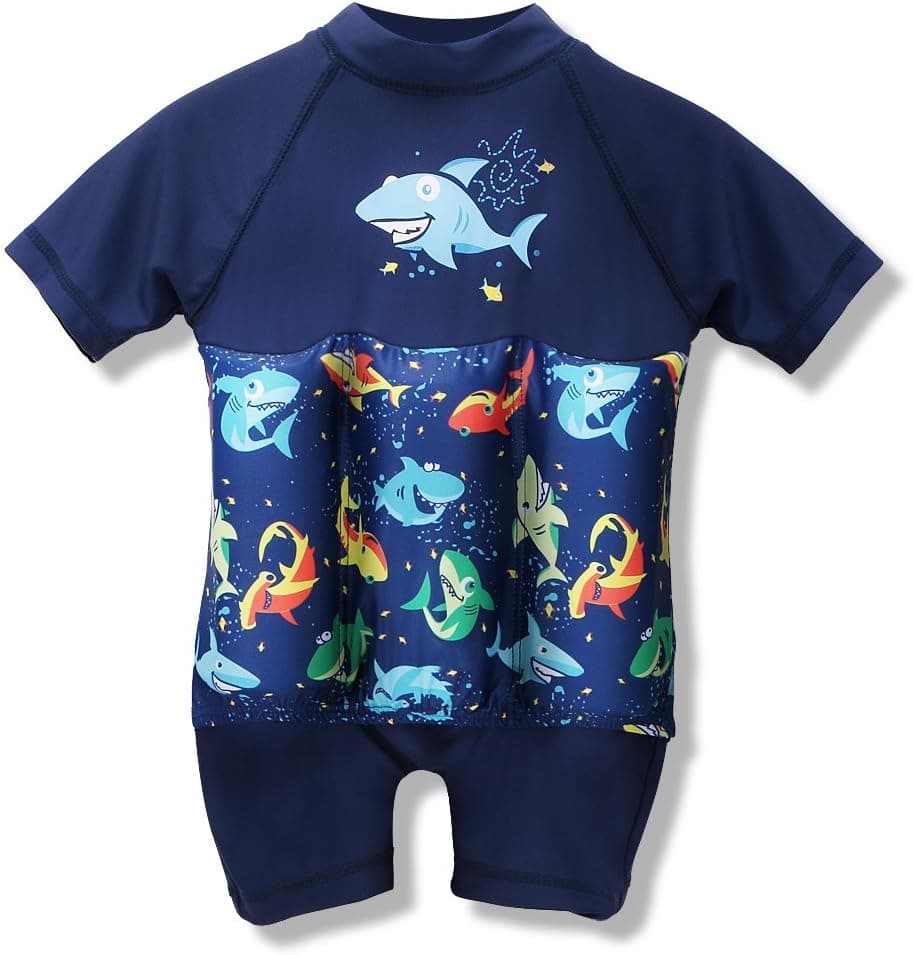 Boys Girls Print Sun Protection Float Suit with Adjustable Buoyancy Floating Bathing Suit for Kids Learn to Swim (Boys / Shark, 80(12-18M))