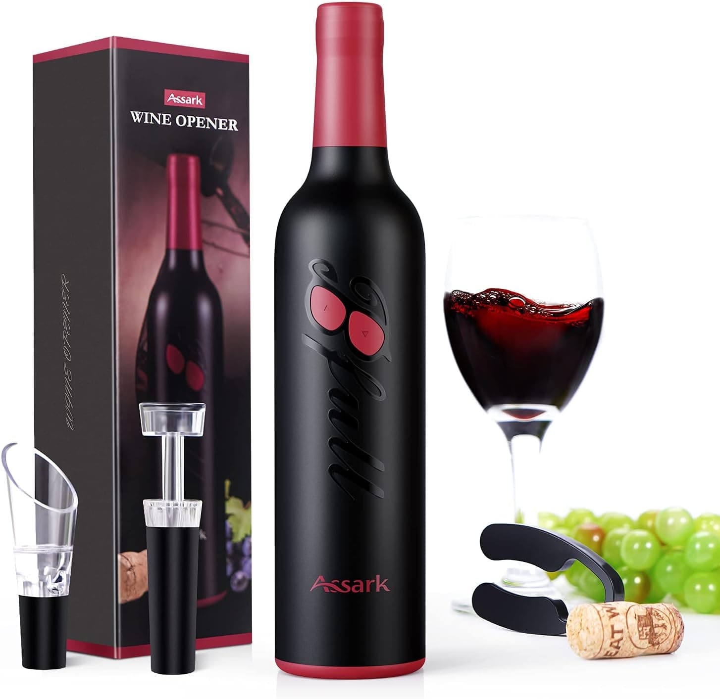 Assark Wine Opener, 4 In 1 Electronic Wine Opener Set, Rechargeable Automatic Corkscrew Wine Bottle Opener set with Wine Saver Pump, Wine Aerator and Wine Foil Cutter, USB Charging Cable