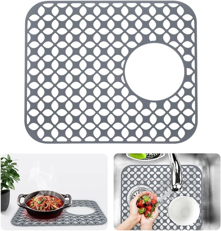 LucyPhy Silicone Sink Mat for Kitchen Sink Good Grips Non-slip Sink Protector Sink Mat Grid for Bottom of Farmhouse Sink(Pattern B,Side hole,1PCS)