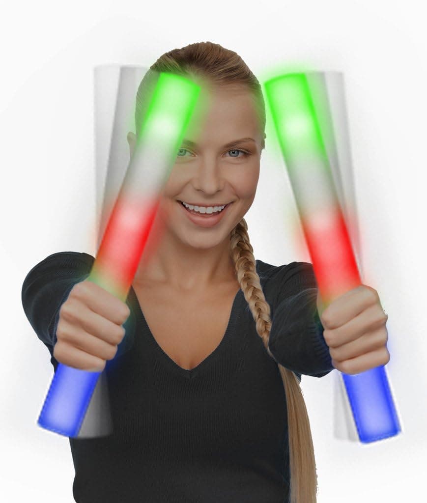Flashing Panda Party Pack of 12 Rally Foam Wands LED Light-Up Baton Cheer Sticks, Multi-Color, Deluxe 6 Mode Rainbow
