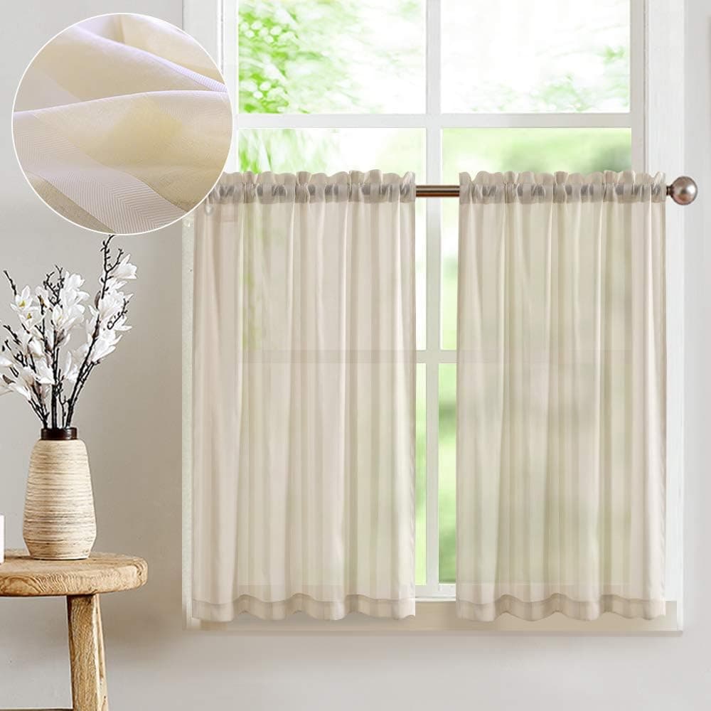 JINCHAN Sheer Kitchen Curtains 24 Inch Length Tier Curtains for Kitchen Windows Cafe Curtains Striped Voile Rustic Small Window Curtain Panels for Living Room Bedroom Basement Beige Set of 2 Panels