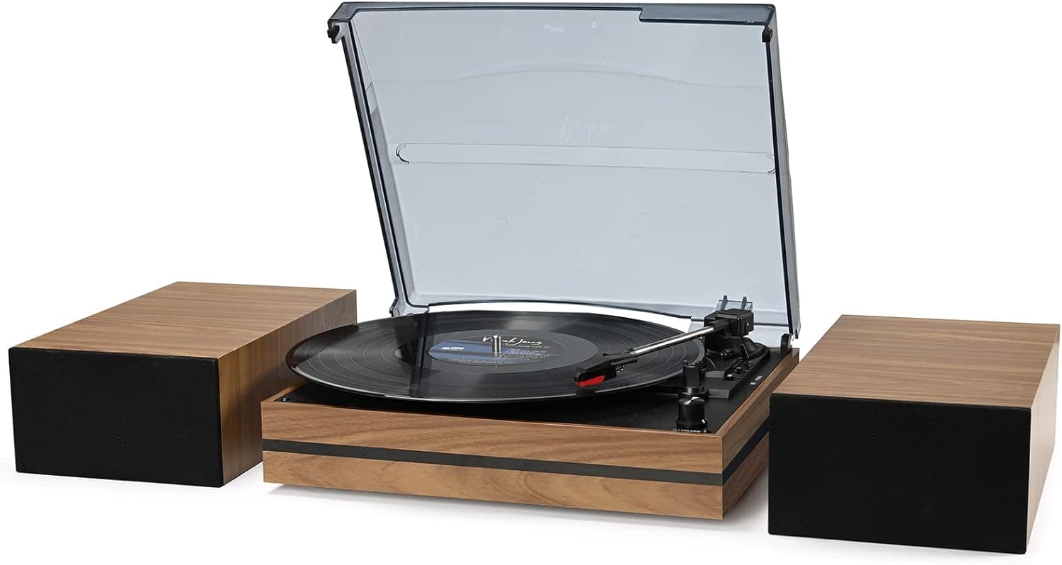 Record Player for Vinyl with External Speakers, Belt-Drive Turntable with Dual Stereo Speakers Vintage Vinyl LP Player Support 3 Speed Wireless AUX Headphone Input Auto Stop for Music Lover Cyan