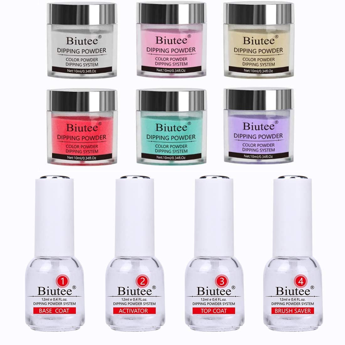 Biutee Dipping Powder Systerm Starter Kit Acrylic Dipping 6 Boxes 0.34fl.oz Color Powder with Base,Activator,Top,Brush Saver