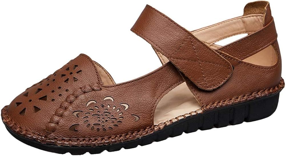 Mordenmiss Women's Hollow Out Sandals Vintage Hook Loop Handmade Mary Jane Flat Carving Moccasins