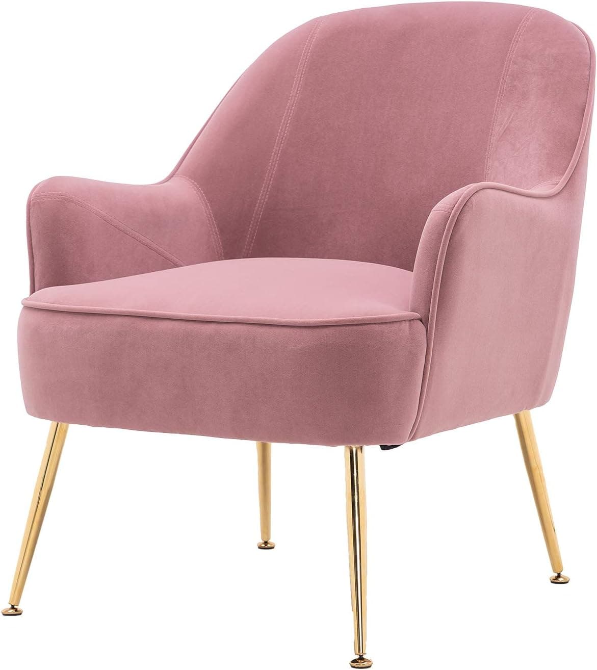 Olela Accent Chair with Arms Upholstered Velvet Side Chairs for Living Room Bedrooms Comfy Decortive Modern Mid-Back Leisure Chair with Adjustable Footpad, Pink