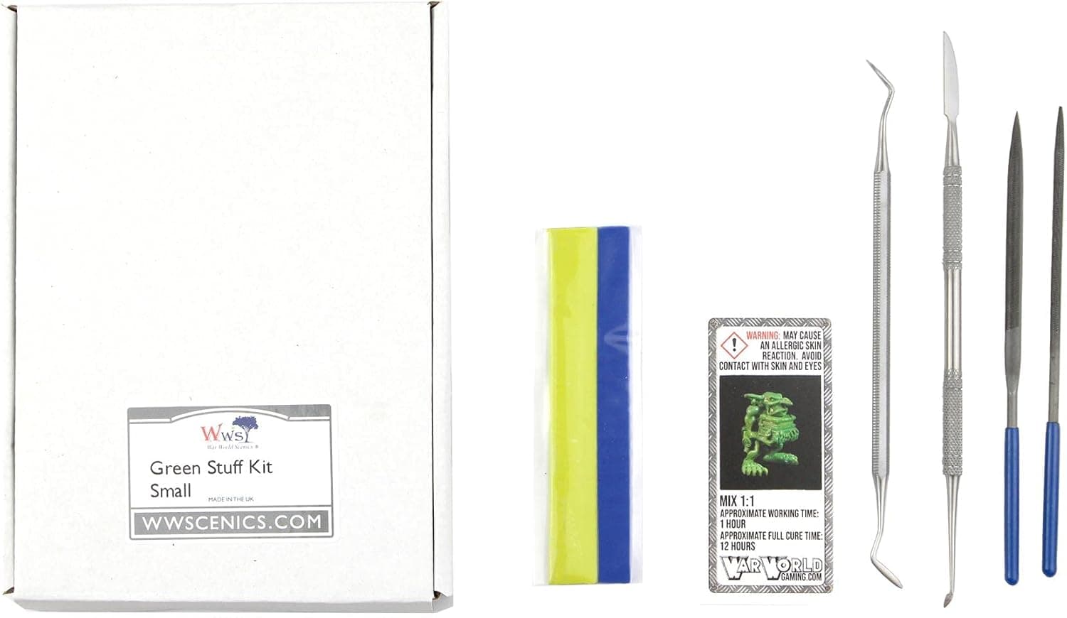 War World Gaming Small Green Stuff Sculpting Kit – 10cm/4” Putty Strip with Tools & Files