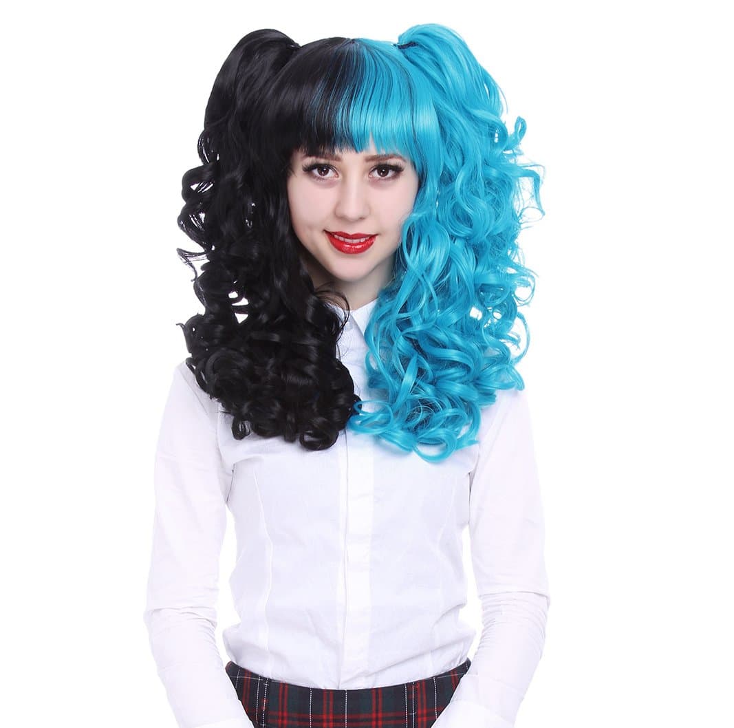 L-email Long Lolita Ponytails Wavy Cosplay Wig Black Split Blue