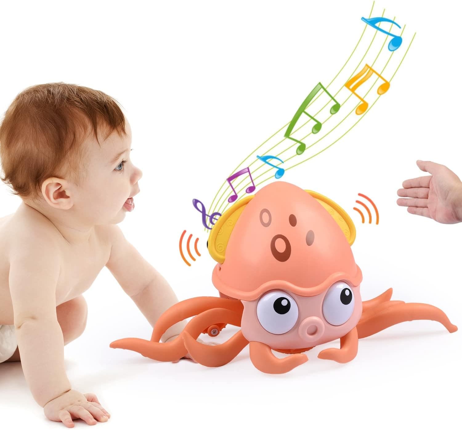 Crawling Octopus Baby Toy with Music and LED Light Up for Kids, Toddler Interactive Learning Development and Entertainment Toy with Automatically Avoid Obstacles, Build in Rechargeable Battery (Pink)
