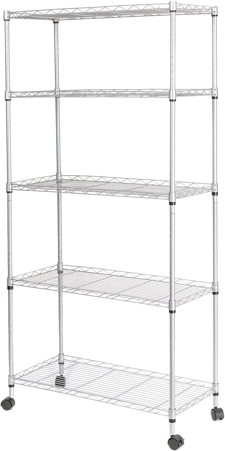 HollyHOME Storage Shelf with Wheels, 5-Tier Standing Shelf Unit Adjustable Wire Shelving Rack with 4 Hooks, Silver, Kitchen and Bedroom Organization, 30" L x 14" W x 60" H