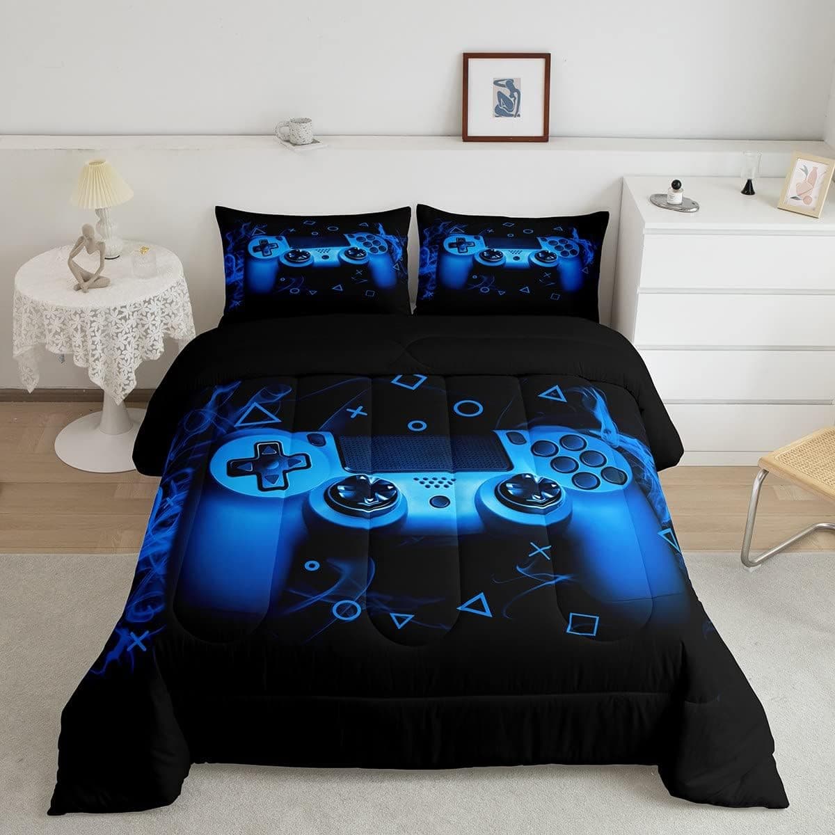 Feelyou Blue Gaming Comforter Set Full Size Gamer Comforter Teens Boys Video Game Decor Bedding Set Kids 3 Piece Console Game Controller Quilted Duvet Set Soft Black