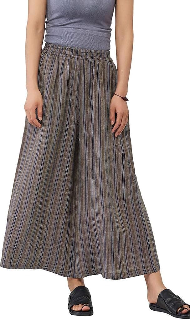 Les umes Women Linen Wide Leg Plus Size Long Pants Loose Casual Elastic Culotte with Stripes