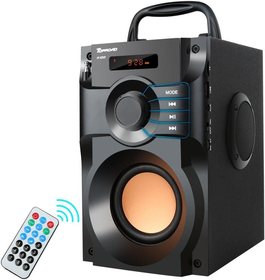 Bluetooth Speaker, Portable Speakers with Subwoofer Wireless Stereo Sound Bass Wooden Outdoor Party Speaker Bluetooth 5.0 Support Remote Control FM Radio for Home, Indoor, Travel, Camping (Black)