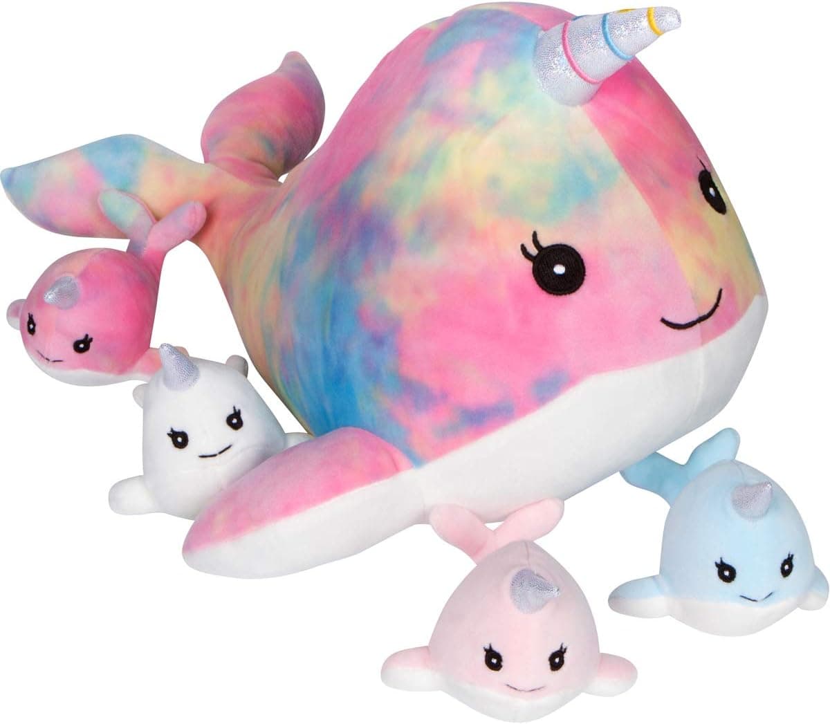 PixieCrush Narwhal Unique Stuffed Animals for Girls Ages 3 4 5 6 7 8 Years; Snugababies Stuffed Mommy Narwhal with 4 Baby Narwhals in her Tummy; Toy Plush Pillows for Girls