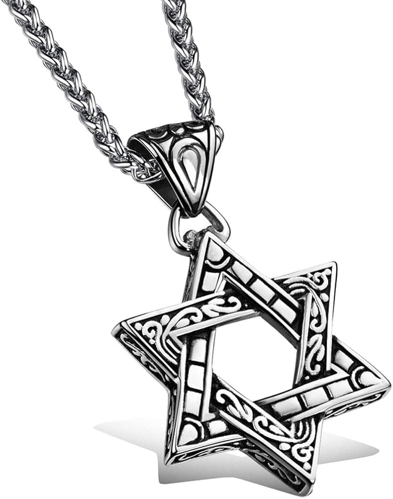 Men's Vintage Biker Gothic Lucky Star of David Stainless Steel Pendant Necklace Silver Black -with Chain