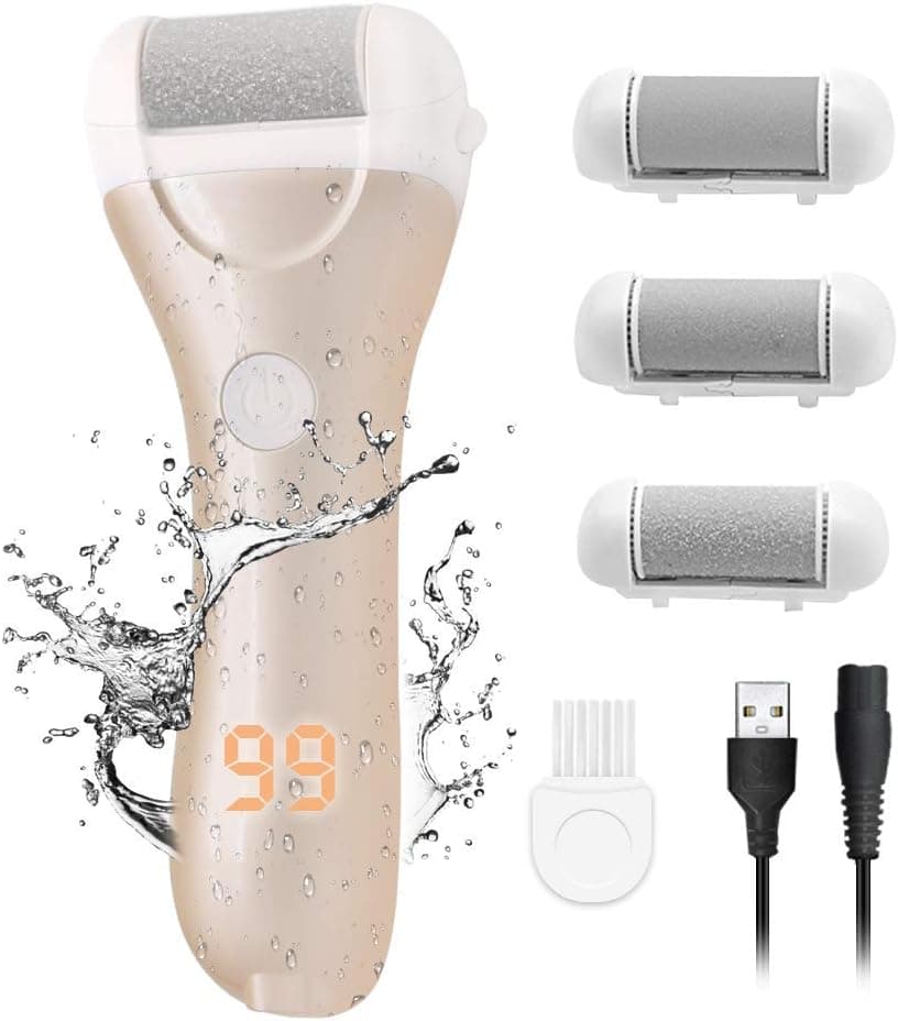 ENERBRIDGE Electric Foot File Callus Remover Hard Skin Remover Rechargeable for Dry Cracked Dead Skin with 3 Roller Heads, Portable Foot Scrubber with LED Display- Golden