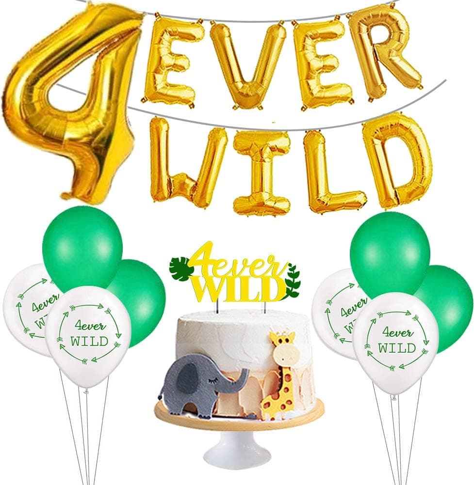 FOUREVER WILD Birthday Decorations Kit,16 inch EVER WILD Balloons, 40 inch 4 Balloons, 4 Wild Cake Topper with 4 Wild Latex Balloons. Baby Girl Boy4th Birthday Party Supplies