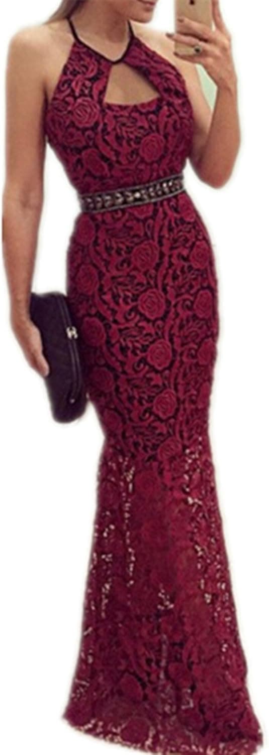 Yomoko Women's Halter Backless Lace Prom Evening Dresses Long Cocktail Party Dress