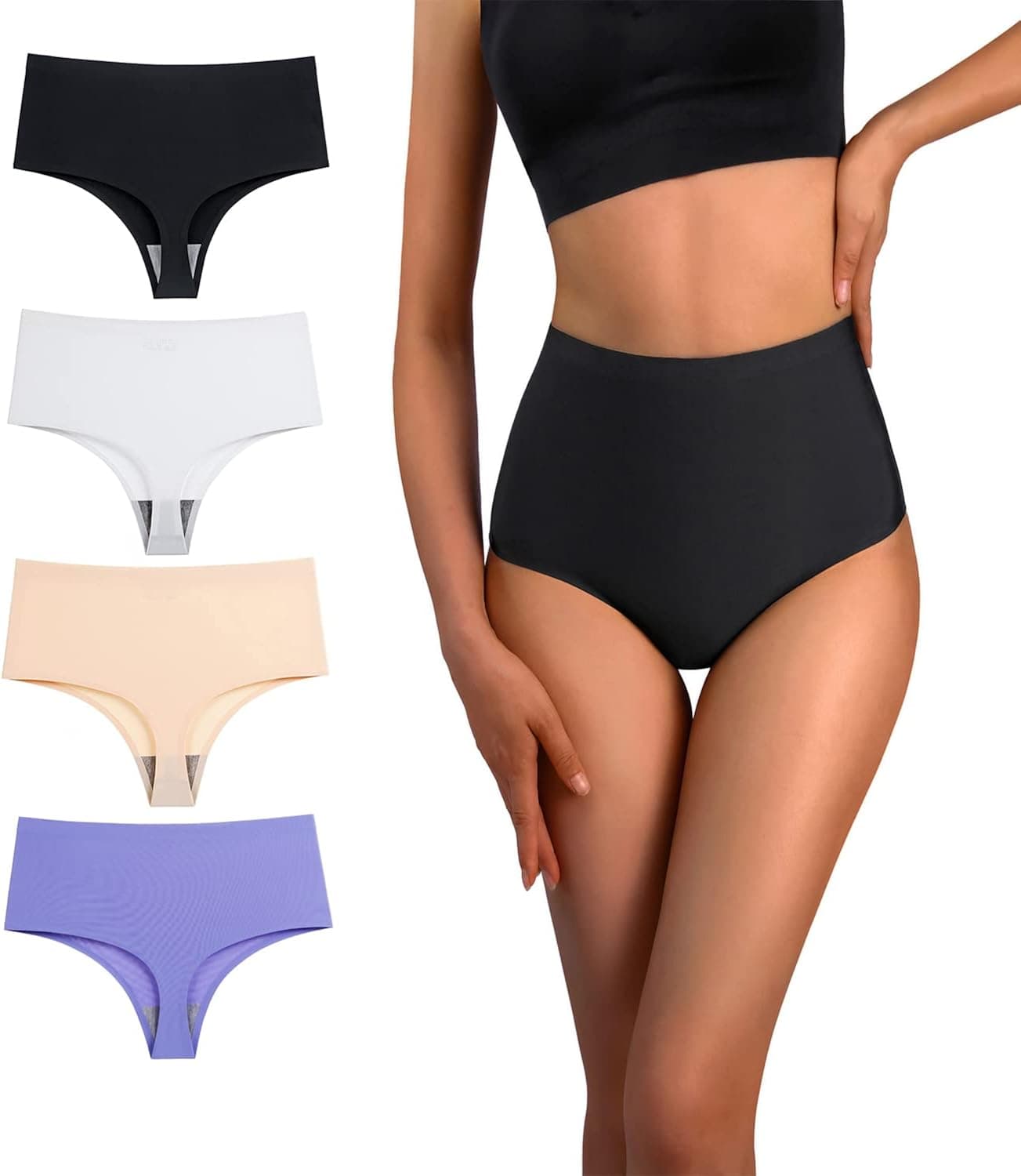 Yunleeb High Waisted Thong No Show Underwear for Women,Seamless High Rise Thong Panties 4 Pack