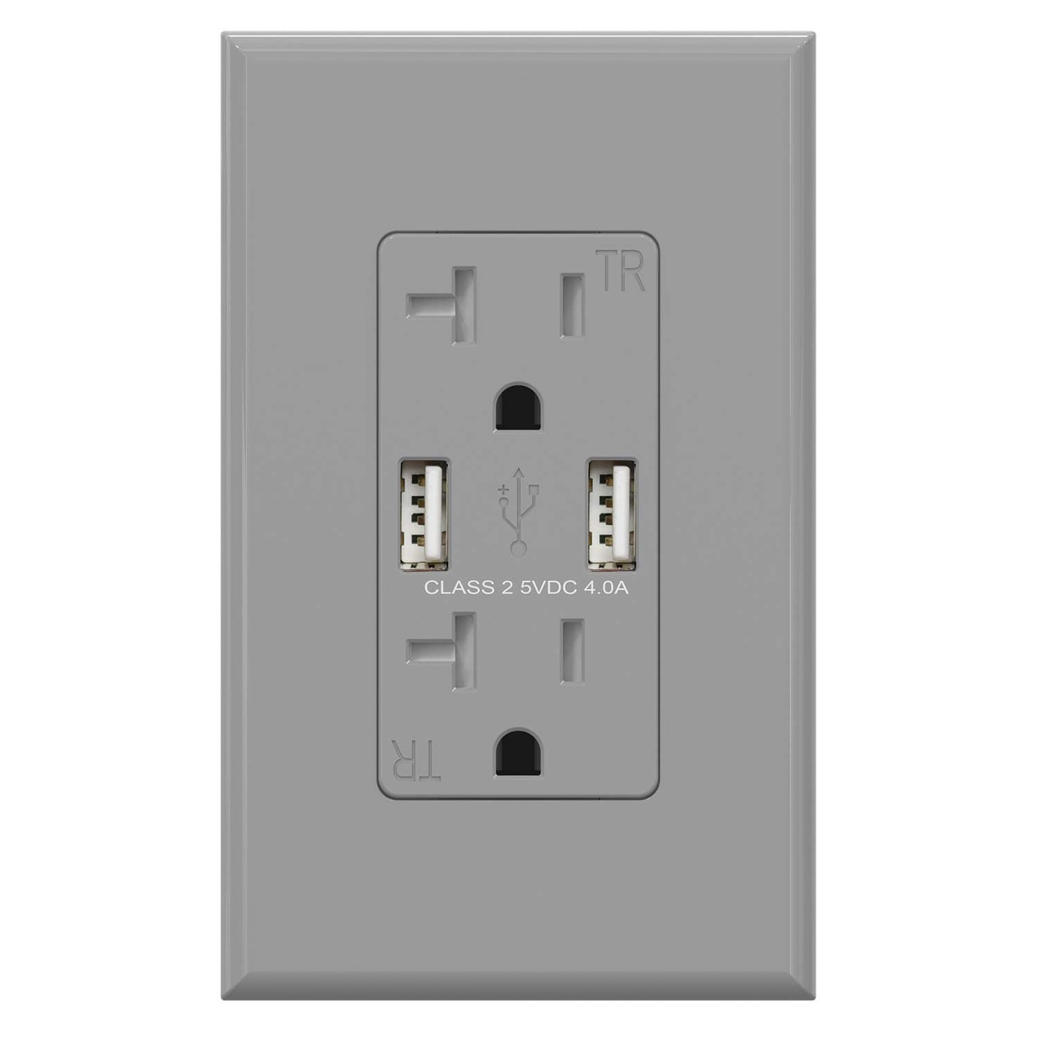 (1 Pack, Glossy Gray) ELEGRP USB Outlet Wall Charger, Dual High Speed 4.0 Amp USB Ports with Smart Chip, 20 Amp Duplex Tamper Resistant Receptacle Plug NEMA 5-20R, Wall Plate Included, UL Listed