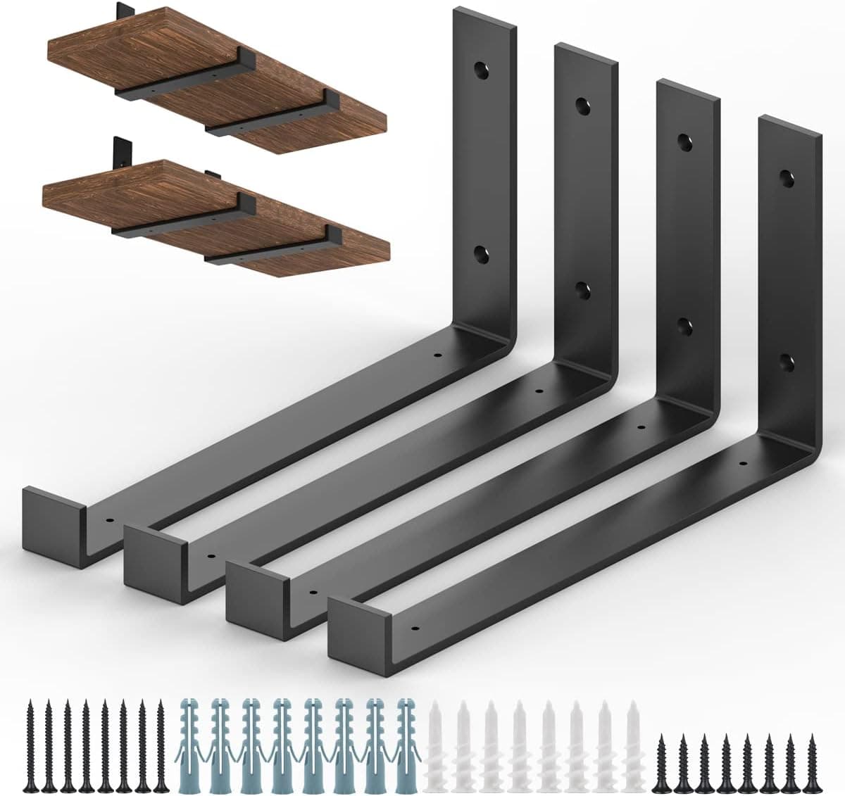 Shelf Brackets 10 Inch, Heavy Duty Floating Shelf Bracket, Black Metal Wall Brackets for DIY Open Shelves, Floating Shelf Hardware Included