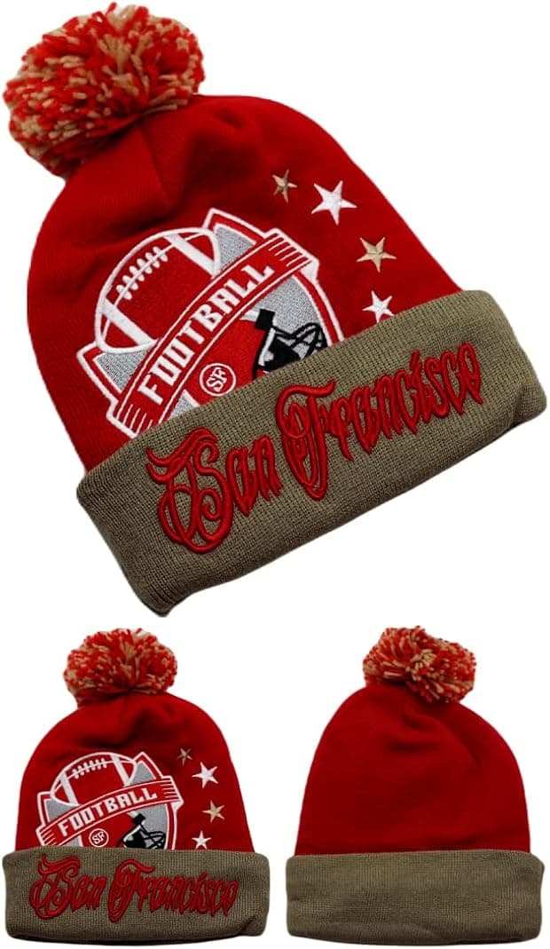 San Francisco New Leader Colossal City Football Shield Red Gold Era Lined Beanie Cuffed Pom Knit Hat Cap