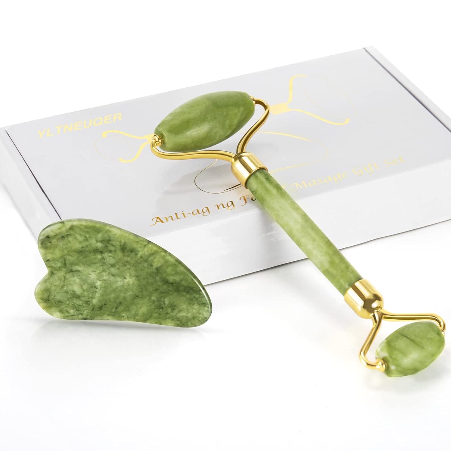 YLTNEUQER Jade Roller Gua Sha Set - Facial Skin Care Set, Facial Beauty Tools, Natural Beauty Skin Care Tools, Face Roller Massager for Face, Neck, and Eye Treatment (Green)