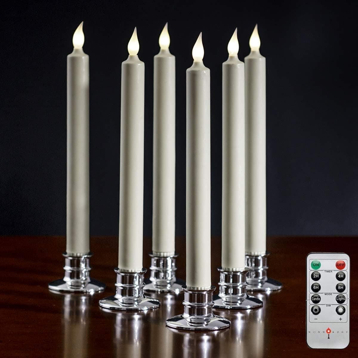 Set of 6 Flameless Ivory WAX Taper Window Candles with Silver Candleholders with Remote