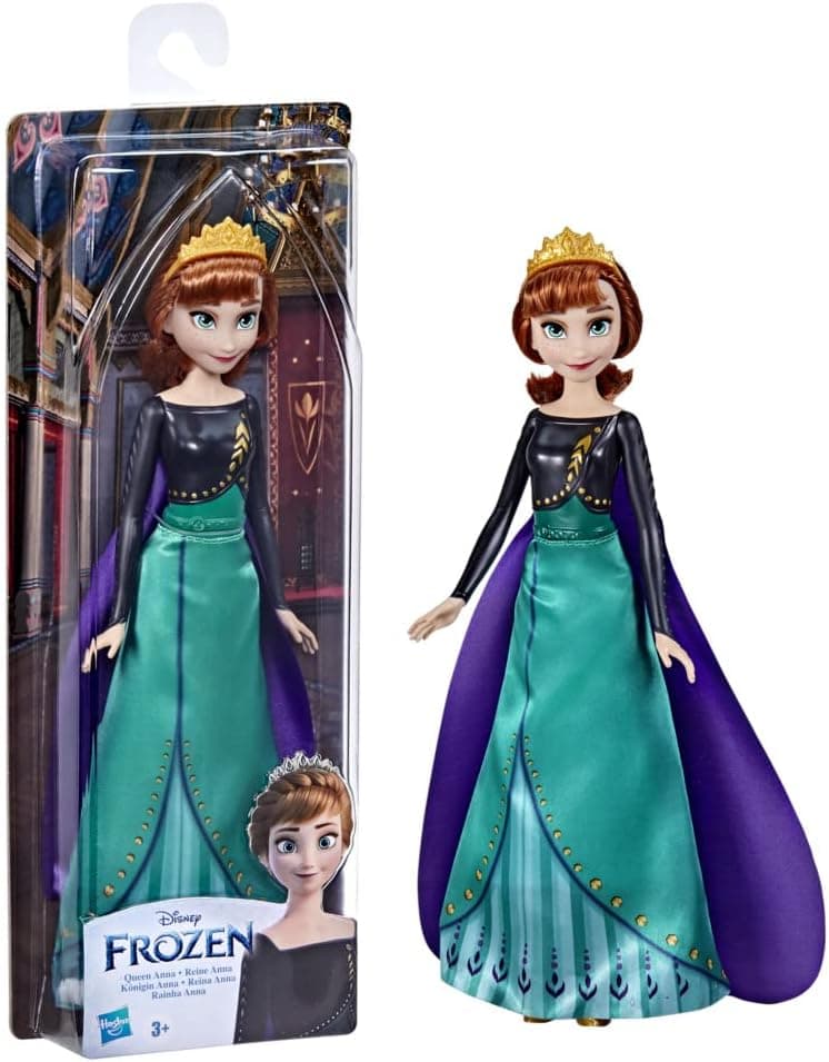 Disney Frozen 2 Queen Anna Shimmer Fashion Doll, Removable Clothes and Accessories, Long Red Hair, Toy for Kids 3 Years Old and Up, Includes doll, skirt, cape, and tiara.