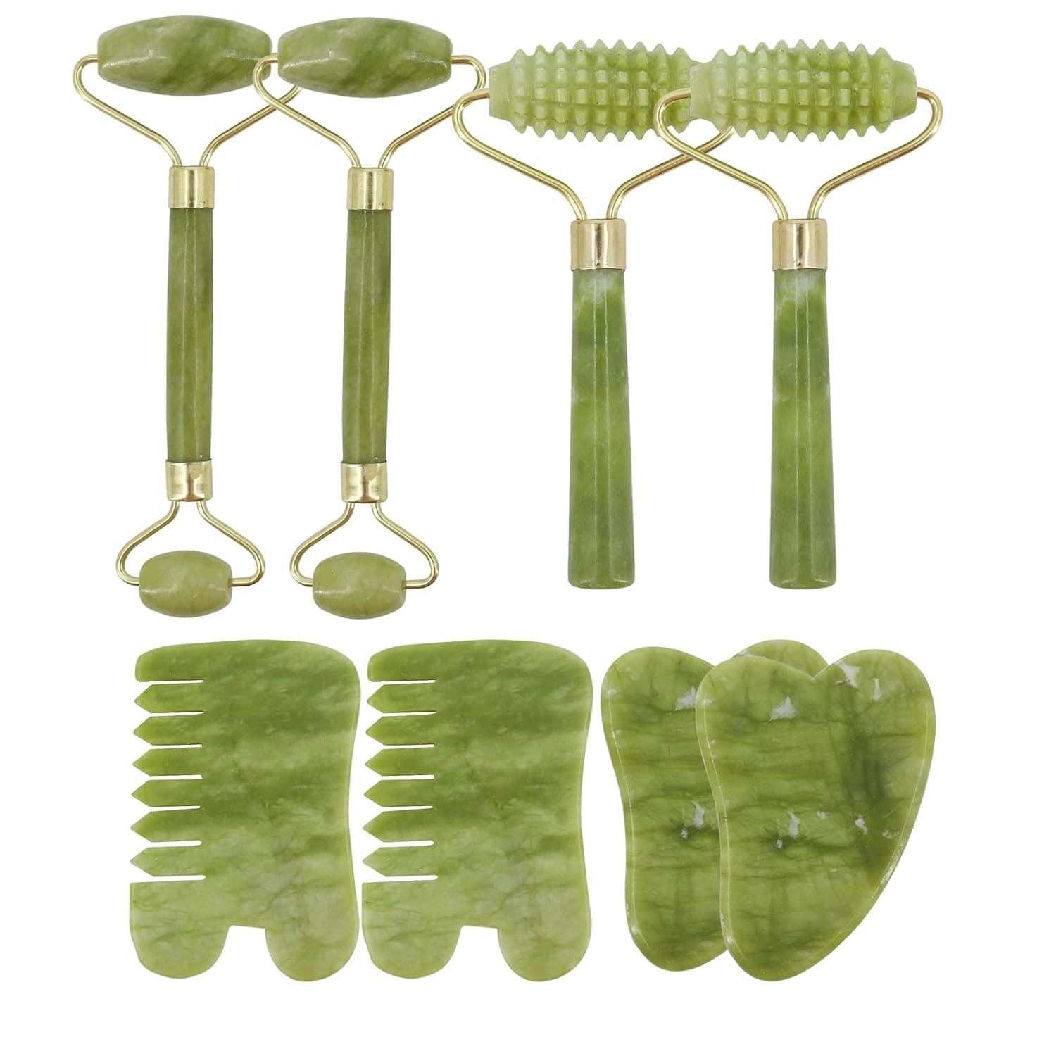 SearQing Jade Roller Gua Sha Set,4pcs Facial Ridged Roller Kits Skin Roller with 4pcs Gua Sha Scraping Massage Tools,Anti Aging and Wrinkles for Face, Eye, Neck, Body for Lymphatic Massage
