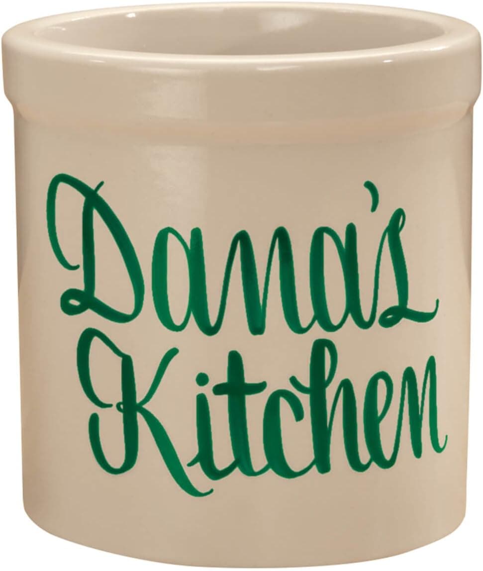 Personalized Stoneware Crock, 2-Quarts, Natural Finish, Customizable Utensil Holder Housewarming Gift, Green