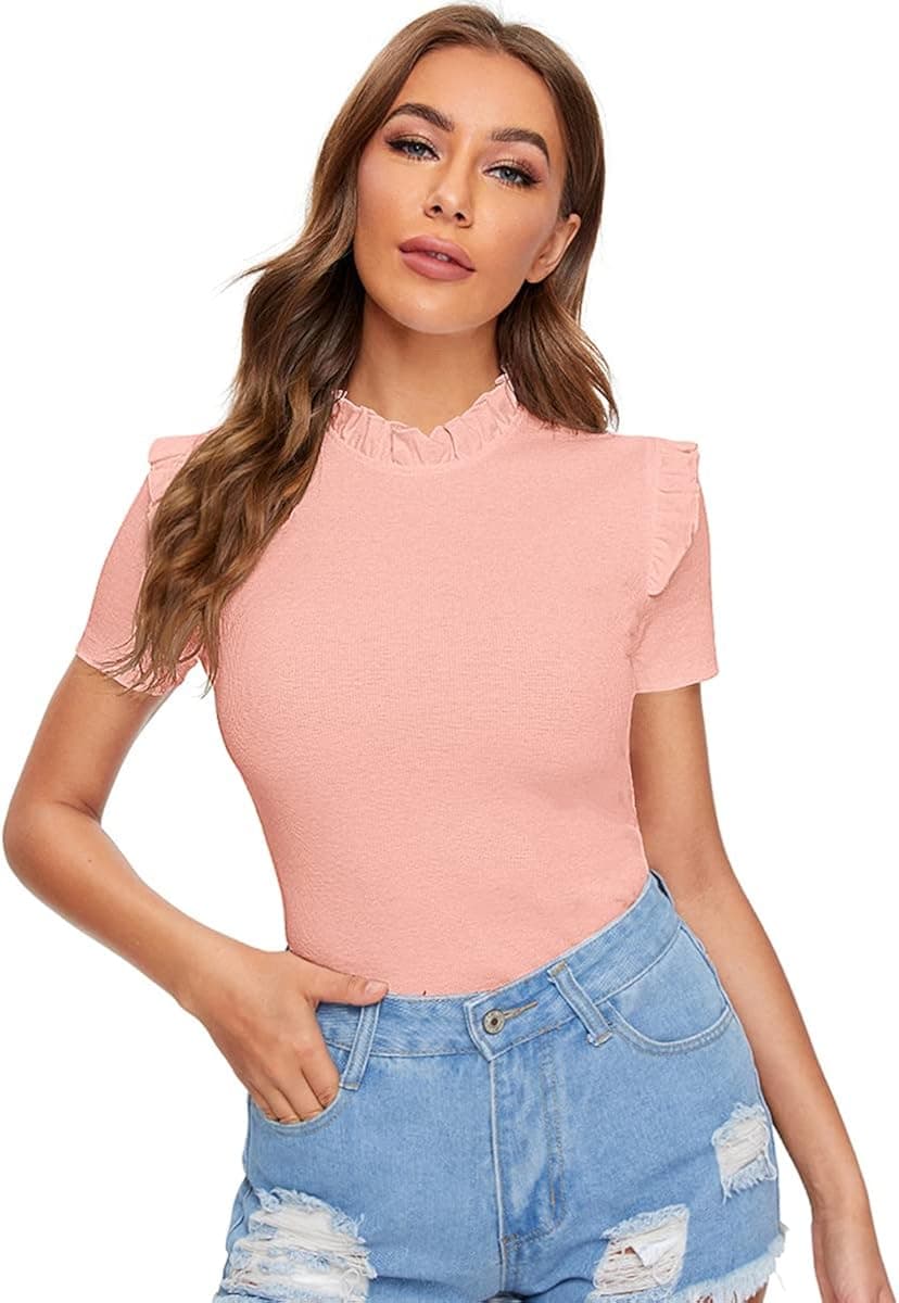Romwe Women's Stand Collar Short Sleeve Slim Fit Frilled Ruffles Shoulder Solid Blouse Top