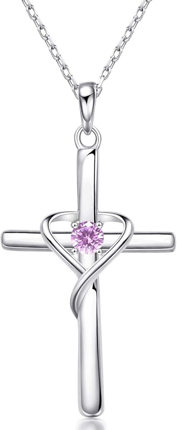 AmorAime 925 Sterling Silver Cross Necklace for Women Men 5A CZ Birthstone Necklaces for Teen Girls Gifts for Valentine's Day, Birthday or Anniversary