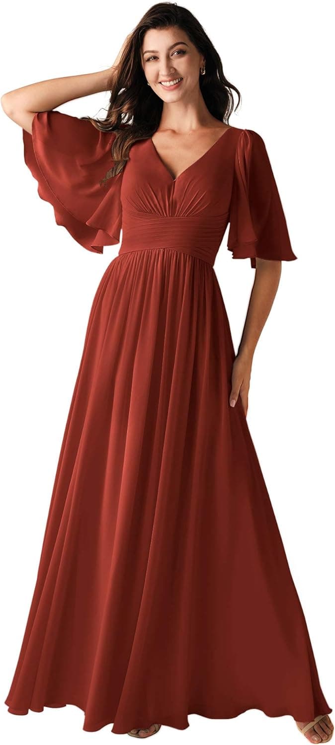 ALICEPUB V-Neck Chiffon Bridesmaid Dresses for Women Wedding Long Party Prom Dress with Sleeves
