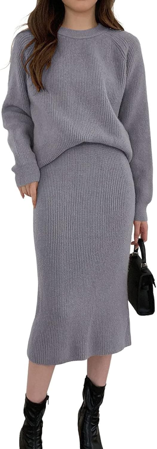 chouyatou Women's Two Piece Sweater Skirt Sets Knit Sweater Top Bodycon Skirt 2 Piece Outfits