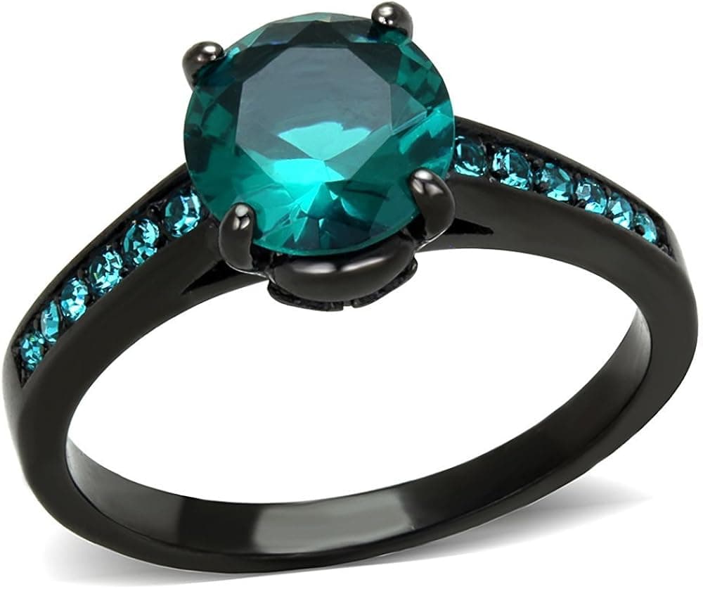 2.16Ct Blue Green Zirconia Black Stainless Steel Engagement Ring Women's SZ 5-10
