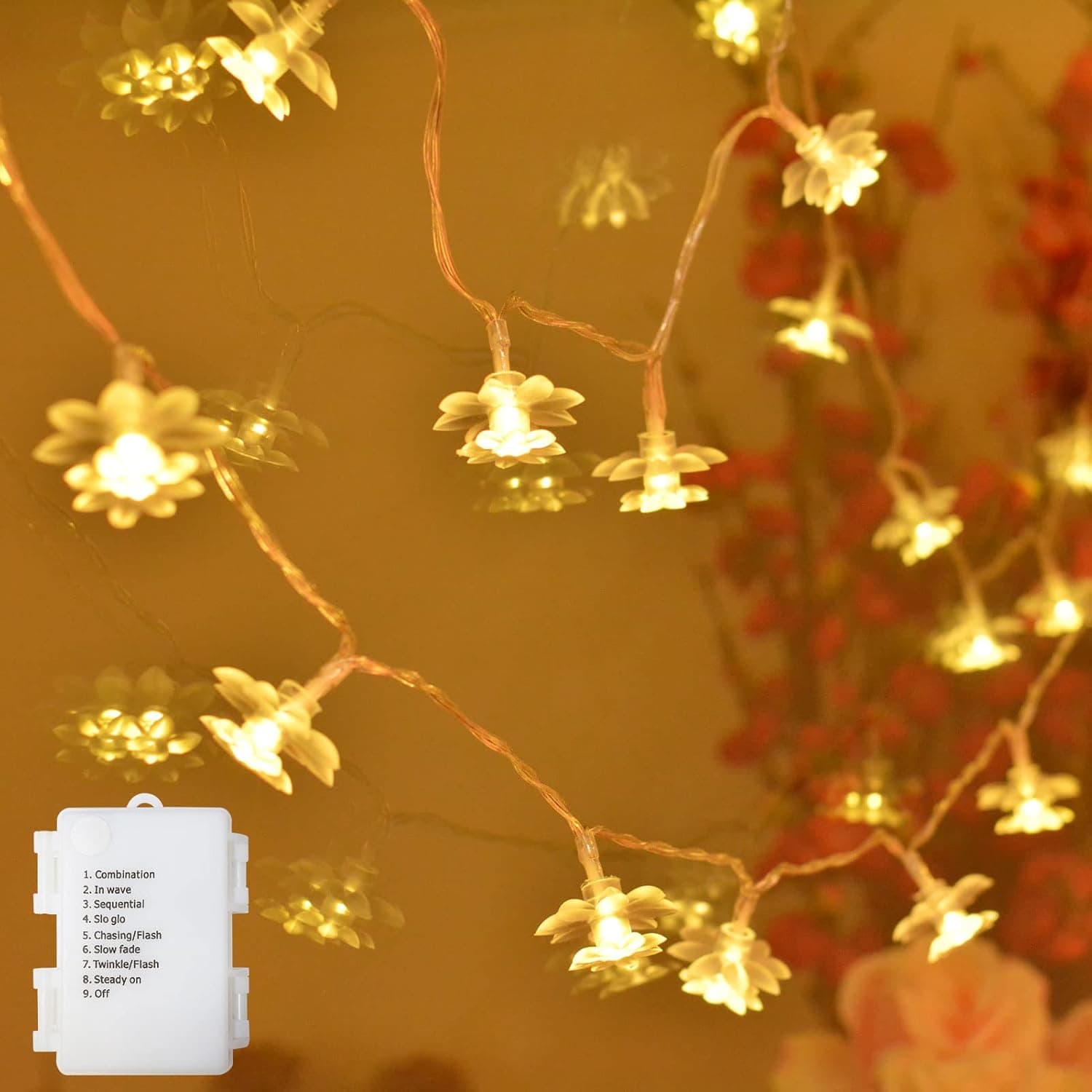 echosari String Lights Battery Operated 13.2ft 40 LED Lotus Flower Fairy Lights with 8 Modes Timer Soft Rubber Flowers Indoor String Lights for Kids, Bedroom, Party, Wedding, Garden Décor (Warm White)