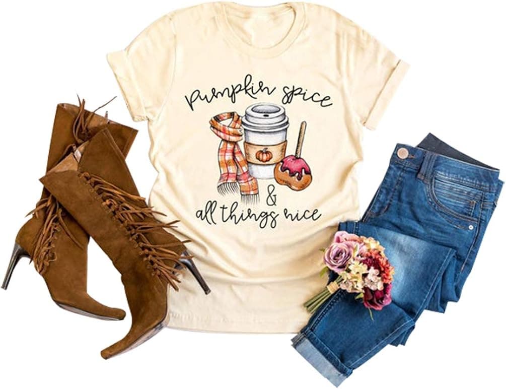 Pumpkin Spice and All Things Nice T-Shirts Women Halloween Pumpkin Graphic Funny Fall Short Sleeve Tee Tops (Yellow #1, S)