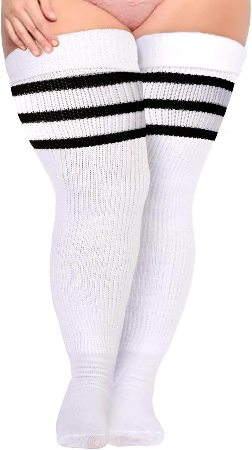 Plus Size Womens Thigh High Socks for Thick Thighs- Extra Long Striped Thick Over the Knee Stockings- Leg Warmer Boot Socks
